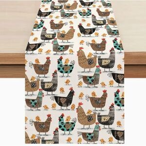 Table Runner 13x90in Woven Polyester Chicken and Chicks Farmhouse Country